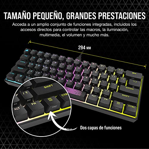 Corsair K65 RGB MINI Teclado Mecánico para Juegos 60% con Teclas ABS (Retroiluminación RGB Personalizable, Teclas CHERRY MX Red: Suave y Rápido, Tecnología AXON) Español QWERTY, Negro