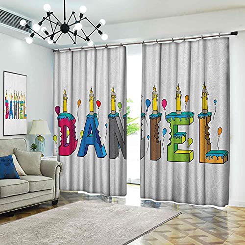 Cortinas plisadas con aislamiento térmico Daniel, ranurado alegre nombre masculino con texto en inglés "Happy Ococcasion Birthday Theme Bite Marked Cake, para travesaños y rieles, 84 cm de ancho x 96