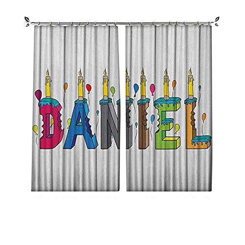 Cortinas plisadas con aislamiento térmico Daniel, ranurado alegre nombre masculino con texto en inglés "Happy Ococcasion Birthday Theme Bite Marked Cake, para travesaños y rieles, 84 cm de ancho x 96