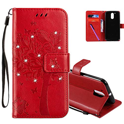 COTDINFOR Funda para Motorola Moto G4 Caso Flip Cierre Magnético Elegante Suave PU Cuero Cover Anti-arañazo Carcasas para Moto G4 Red Wishing Tree with Diamond KT.