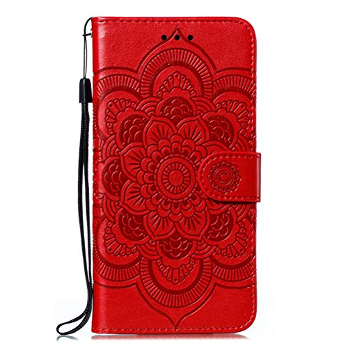 COTDINFOR Fundas for Google Pixel 5 Funda Flip Cierre Magnético Billetera Elegante Suave PU Cuero Cover Anti-arañazo Carcasas para Google Pixel 5 Case Red Mandala LD.