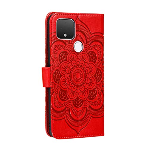 COTDINFOR Fundas for Google Pixel 5 Funda Flip Cierre Magnético Billetera Elegante Suave PU Cuero Cover Anti-arañazo Carcasas para Google Pixel 5 Case Red Mandala LD.