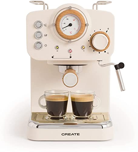 CREATE / THERA MATT RETRO / Cafetera Express para Espresso y Cappucino Beige / 1100W, 15 Bares, Vaporizador Orientable, capacidad 1.25l, Café Molido y Monodosis, Con Doble Salida, Mate