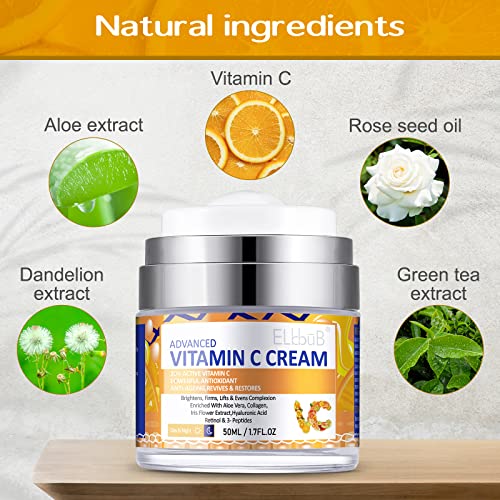 Crema Hidratante con Vitamina C para todo tipo de piel con 20 % de vitamina C: aumenta el colágeno de la piel, hidrata y rellena la piel, crema facial antienvejecimiento y antiarrugas