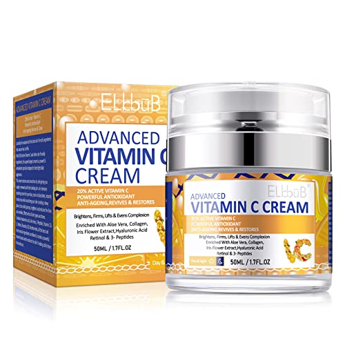 Crema Hidratante con Vitamina C para todo tipo de piel con 20 % de vitamina C: aumenta el colágeno de la piel, hidrata y rellena la piel, crema facial antienvejecimiento y antiarrugas