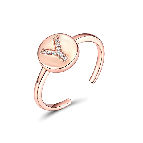 CRYSLOVE Anillos de Letras para Mujer 925 Plata de Ley Oro Rosa A-Z Iniciales de Nombre Anillo Abierto con Zirconia Cúbica,Talla Ajustable,con Caja de Regalo