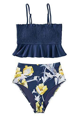 CUPSHE Conjunto de Bikini para Mujer de Talle Alto Estampado Floral Volante Traje de Baño de Dos Piezas, L