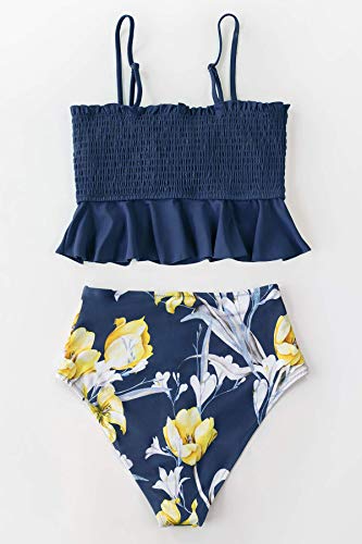 CUPSHE Conjunto de Bikini para Mujer de Talle Alto Estampado Floral Volante Traje de Baño de Dos Piezas, L