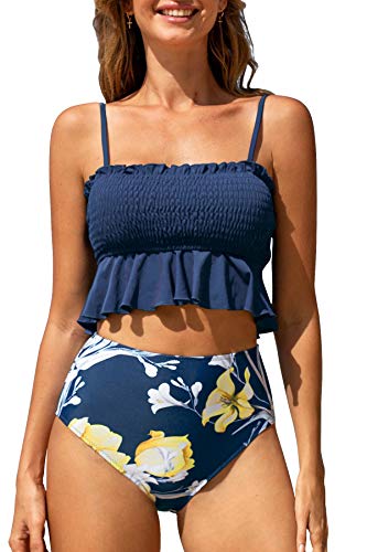 CUPSHE Conjunto de Bikini para Mujer de Talle Alto Estampado Floral Volante Traje de Baño de Dos Piezas, L