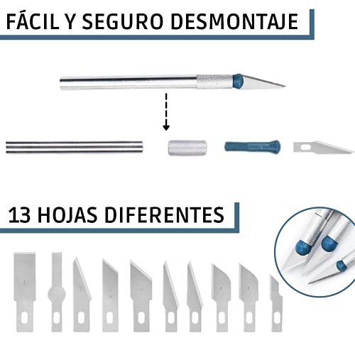 Cúter Profesional De Precisión | Kit De 3 Asas Y 13 Cuchillas De Metal De Repuesto | Caja De Herramientas Para Manualidades, Modelismo Y Vinilos