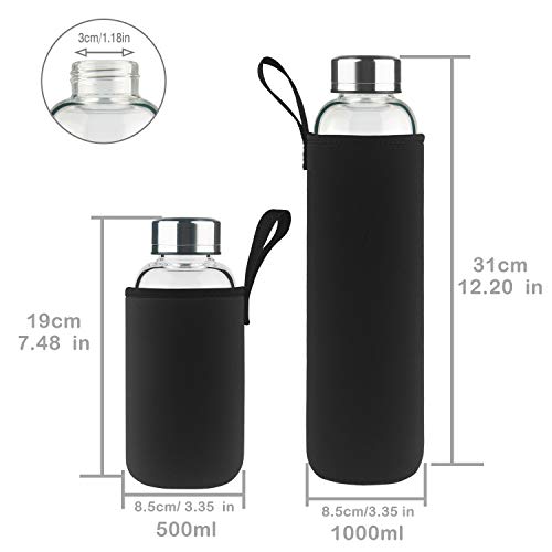 DEARRAY Botella de Agua de Cristal de Borosilicato Deportivo 1000ml / 1 Litro, Botella de Agua de Vidrio con Funda de Neopreno y Elegante Tapa de Acero Inoxidable