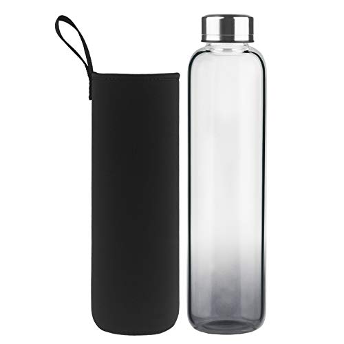 DEARRAY Botella de Agua de Cristal de Borosilicato Deportivo 1000ml / 1 Litro, Botella de Agua de Vidrio con Funda de Neopreno y Elegante Tapa de Acero Inoxidable