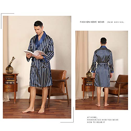 DEBAIJIA Mens Robe Silk Sleepwear Bathrobes Pajamas Set Shorts Male Long Dressing Gowns Nightgown Loungewear Nightwear with Sash Belt (Raya Azul-L)