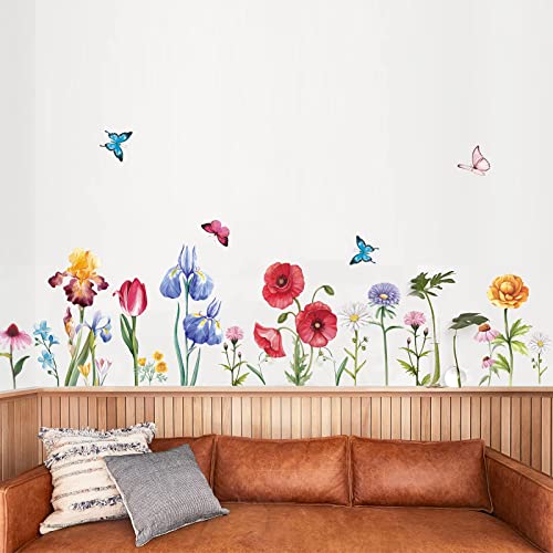 decalmile Pegatinas de Pared Jardín de Flores Amapola Vinilos Decorativos Narciso Iris Floral Rodapié Adhesivos Pared Habitación Infantiles Niña Dormitorio Salón