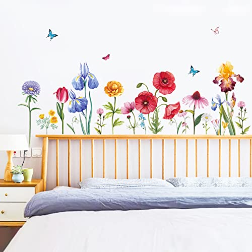 decalmile Pegatinas de Pared Jardín de Flores Amapola Vinilos Decorativos Narciso Iris Floral Rodapié Adhesivos Pared Habitación Infantiles Niña Dormitorio Salón