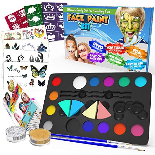 Desire Deluxe Kit Pinturas Cara y Cuerpo para Niños y Niñas con Paleta Amplia de Colores, Juego de Pinceles, Tatuajes Temporales, Esponjas Maquillaje, Purpurinas y Plantillas