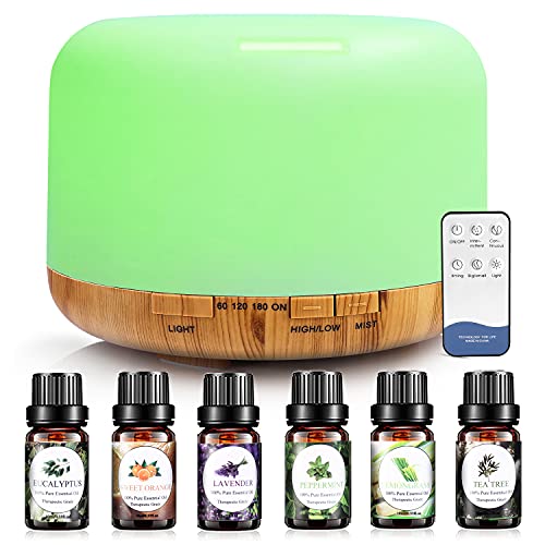 Difusor de Aceite Esencial 500ml, Difusor de Aromaterapia con 6 x 10ml Aceites Esenciales, Silencioso Humidificador Ultrasónico con 7 Colores de Luces LED e Control Remoto para Hogar, Yoga, Sin SPA