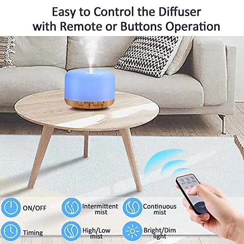 Difusor de Aceite Esencial 500ml, Difusor de Aromaterapia con 6 x 10ml Aceites Esenciales, Silencioso Humidificador Ultrasónico con 7 Colores de Luces LED e Control Remoto para Hogar, Yoga, Sin SPA