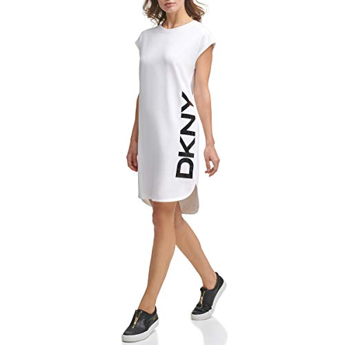 DKNY Sportswear Cap Sleeve Logo T-Shirt Vestido Casual, White, M Da Donna