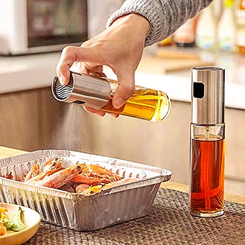 DONGQI Dispensador de pulverizador de Aceite, Rociador de Aceite, rociador de vinagre, Premium 304 Acero Inoxidable Botella de Vidrio 100 ML para cocinar/Ensalada/Hornear Pan/BBQ/Cocina (2Paquete)