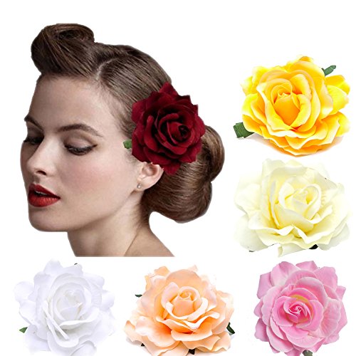 DRESHOW 5 Pack Flower Brooch Head Ornament Bride Women Rose Flower Hair Accessories Wedding Hair Clip Flamenco Dancer