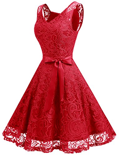 Dressystar Vestido Corto Elegante Mujer De Encaje Sin Mangas con Lazo para Madrina Fietsa Rojo XS