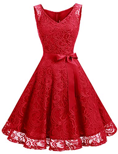 Dressystar Vestido Corto Elegante Mujer De Encaje Sin Mangas con Lazo para Madrina Fietsa Rojo XS