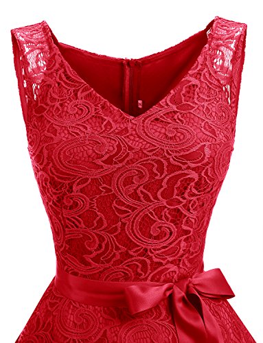 Dressystar Vestido Corto Elegante Mujer De Encaje Sin Mangas con Lazo para Madrina Fietsa Rojo XS