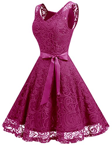 Dressystar Vestido Corto Elegante Mujer De Encaje Sin Mangas con Lazo para Madrina Fietsa Rosa S