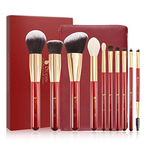 DUcare 10 Piezas Brochas de Maquillaje Profesional set de brochas de maquillaje sintética con bolsa de piel brochas maquillaje Pinceles Maquillaje Brocha de maquillaje（rojo）