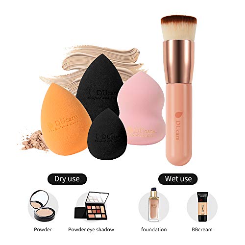 DUcare 4 Piezas Esponja Maquillaje + 1 Piezas Brocha de Base - Set de Makeup Blender Beauty para Base de Maquillaje, Ideal para Líquidos, Cremas y Polvos