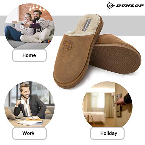 Dunlop Zapatillas Casa Hombre, Memory Foam Pantuflas Peluche Abiertas, Zapatillas De Estar En Casa Invierno Calientes Suela de Goma Dura Interior Exterior, Regalos para Hombre (42 EU, Marrón)