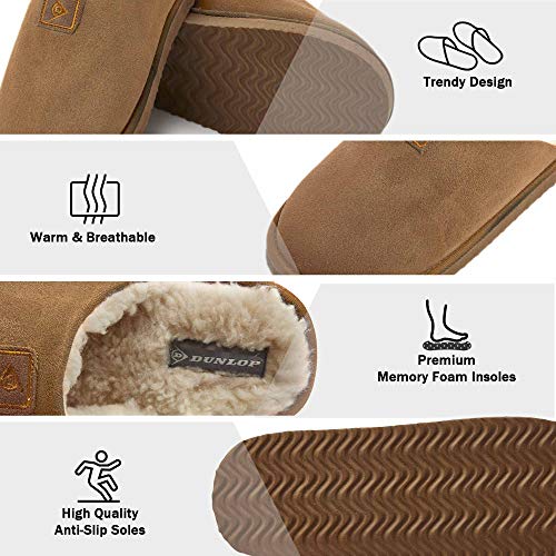 Dunlop Zapatillas Casa Hombre, Memory Foam Pantuflas Peluche Abiertas, Zapatillas De Estar En Casa Invierno Calientes Suela de Goma Dura Interior Exterior, Regalos para Hombre (42 EU, Marrón)