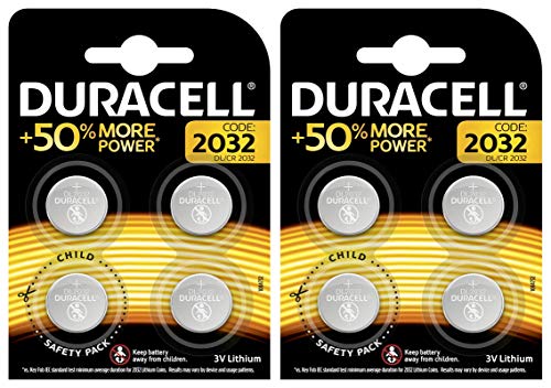 DURACELL Pilas botón de Litio 2032 de 3v, Paquete de 4 X 2 Blister (Total 8 Pilas)