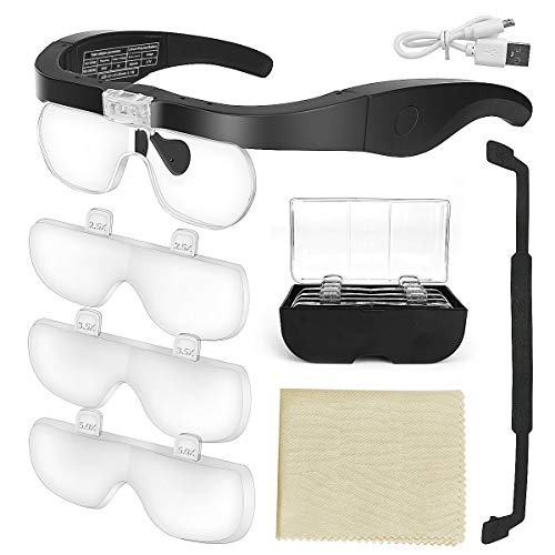 E-More Lupa con luz 2 LED Lupas de Gran Aumento Perfecto para Leer, Extensiones de Reparación de Joyería,Tarcrafter Gafas Lupa Visera y 4 Lentes Intercambiable1.5X, 2.5X, 3.5X, 5X.