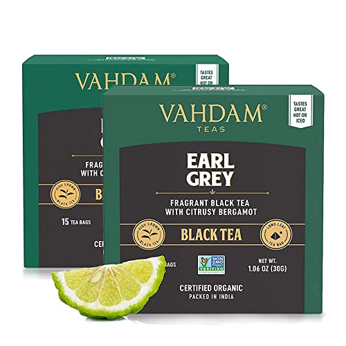 Earl Grey Citrus, (30 bolsitas de té), 100% NATURAL, Pirámide de hojas largas Earl Grey Tea Bags, aromático y delicioso, té negro mezclado con aceite natural de bergamota