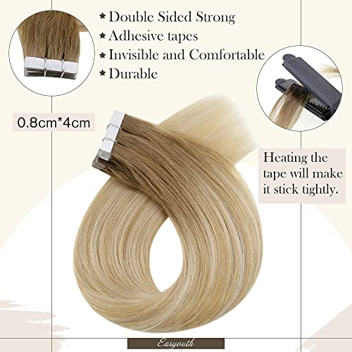 Easyouth Extensiones Adhesivas de Remy Pelo Natural Tape in Hair Extensione Color Castaño medio Mix Honey Blonde y Platinum Blonde 20pcs 16Pulgada 40g Tape in Real Human Hair Extensions