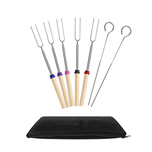 Ecloud Shop Marshmallow Tostado Barbacoa Stick-Conjunto de 5 Telescópico Acero Inoxidable Skewer Tenedores para Perros Calientes-Extensible a 32 Pulgadas de Largo-2 Varillas para Asar Gratis