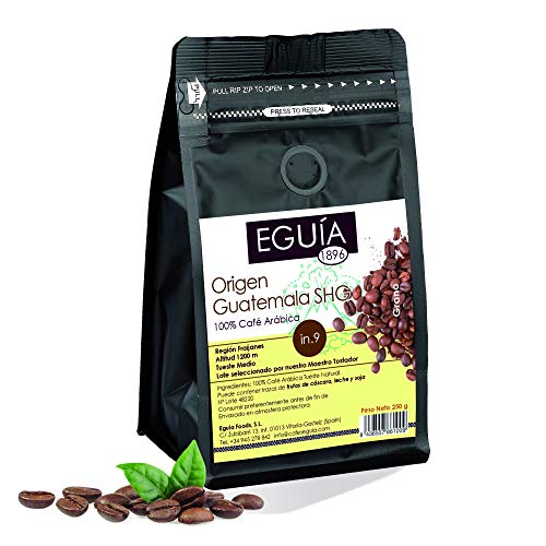 Eguia cafe en grano natural pack de 4 × 250g-No amargo & tostado medio arabica café grain de 4 orígenes Etiopía, Colombia, Guatemala & Brasil