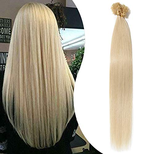 Elailite Extensiones Pelo Natural Queratina 1g Cabello Humano 100% Remy sin Clip U Tip Keratina 50 Mechas Largas 45cm 50g #60 Rubio Platino