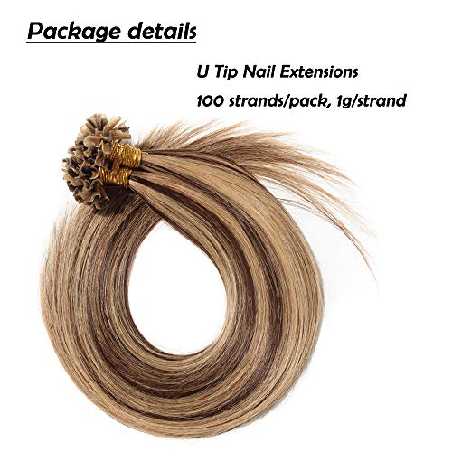 Elailite Extensiones Queratina Pelo Natural sin Clip 100 Mechas Remy Cabello Humano 1g U Tip Keratina 40cm 100g #4P27 Marrón Medio Balayage Rubio Oscuro