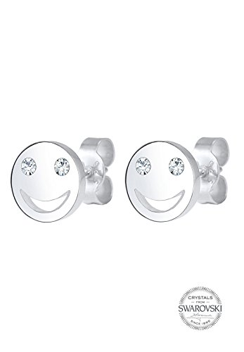 Elli Pendientes para mujer con diseño de el emoji con cara sonriente «smiley» y cristales, fabricados en plata de ley de 925