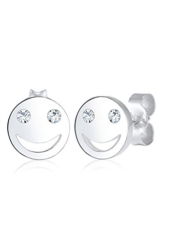 Elli Pendientes para mujer con diseño de el emoji con cara sonriente «smiley» y cristales, fabricados en plata de ley de 925