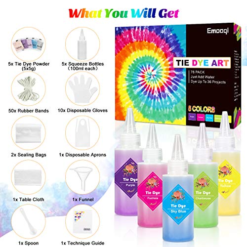 Emooqi Tie Dye Kit, 5 Colores Vibrantes Kit Tintes Textiles con Botellas Exprimibles, Gomas & Guantes etc, DIY Kit Permanentes Pinturas Ropa Tinte para Niños & Adultos