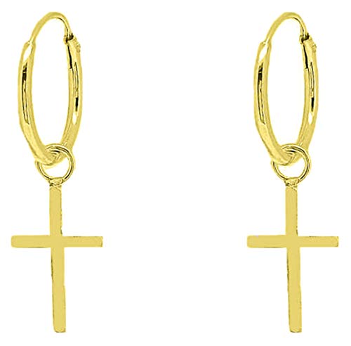 ENTREPLATA Pendientes Cruz Plata de Ley 925 Chapados en Oro de 24 Kilates. Aros de Plata Colgante Cruz. Originales Criollas para Mujer Niña Hombre Niño Unisex. Aretes Dorados Cruz