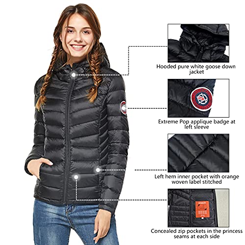 Extreme Pop Mujer Chaqueta con Capucha Pure Goose Down para el Invierno en Negro y Rosa (XL, Negro)