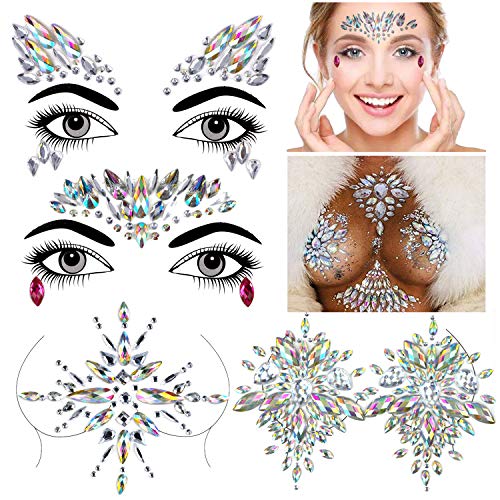 Face Gem Stickers, Konsait 4 piezas Etiqueta engomada de diamantes de imitación Cara Joyas Pegatinas cara cristal Tatuajes Temporales falso para Bindi Cuerpo Maquillaje Festival Fiesta