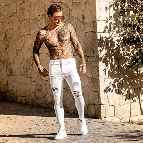 Fansu Vaqueros Hombre Skinny, Pantalones Ajustados Jeans Rotos Elasticos Slim Fit Stretchy Ripped Classic Jeans Denim Casuales Pants Regular Recta (Blanco,M)