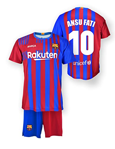 FC. Barcelona Conjunto Camiseta y pantalón Replica 1ª EQ Temporada 2021/22 - Producto con Licencia - Dorsal 10 ANSU FATI - 100% Poliéster - Talla niño 12 años