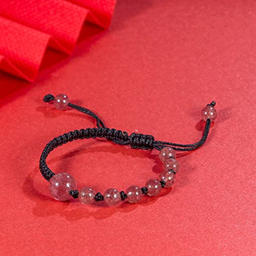 Feng Shui Black Obsidian Pulsera de riqueza de fresa natural Pulsera de cuarzo de fresa de 6 mm Pulsera cristal mujeres Hombres Metafísico Estilo de vacaciones Talismán suerte,Strawberry quartz